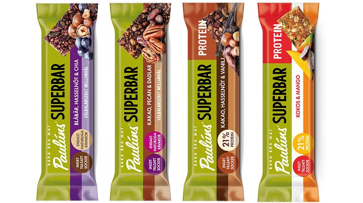 Paulúns Super bar i fyra samker varav två med 21 % växtbaserat protein.