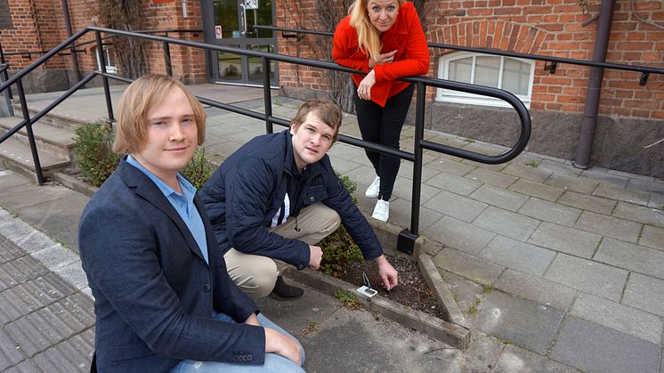 Marijana Teljega ser på när studenterna Christoffer Emilsson och André Freberg sticker ner fuktmätaren i jorden.