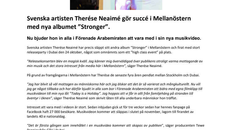 Svenska artisten Therése Neaimé gör succé i Mellanöstern med nya albumet ”Stronger”