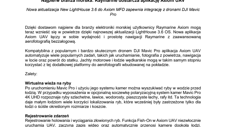 Raymarine: Najpierw branża morska: Raymarine dostarcza aplikację Axiom UAV