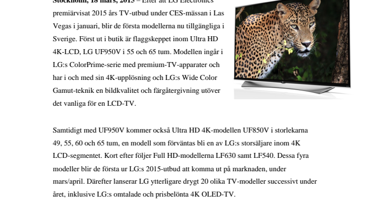 LG INLEDER TV-ÅRET 2015 MED NYA UF950V – ÅRETS BÄSTA 4K-LCD MED FANTASTISK FÄRGÅTERGIVNING