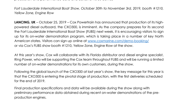Cox Powertrain’s Announces Imminent Production of its High-performance Diesel Outboard as it Prepares for FLIBS 2019