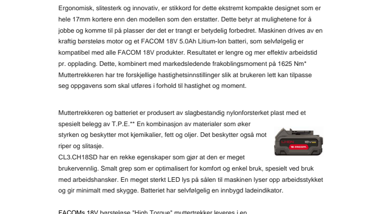 FACOM lanserer 18V børsteløs ”High Torque” muttertrekker