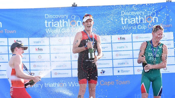 Lukas Pertl (left) Richard Murray (middle) and Henri Schoeman (right)  on the podium celebrating their victories. 