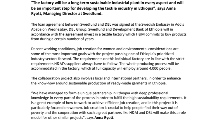 Swedfund, H&M and DBL Group create 4,000 jobs in Ethiopia