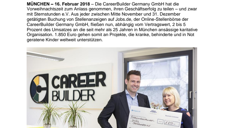 CareerBuilder hilft – und Kunden helfen mit: Gelungener Jahresendspurt kommt Sternstunden e.V. zugute 