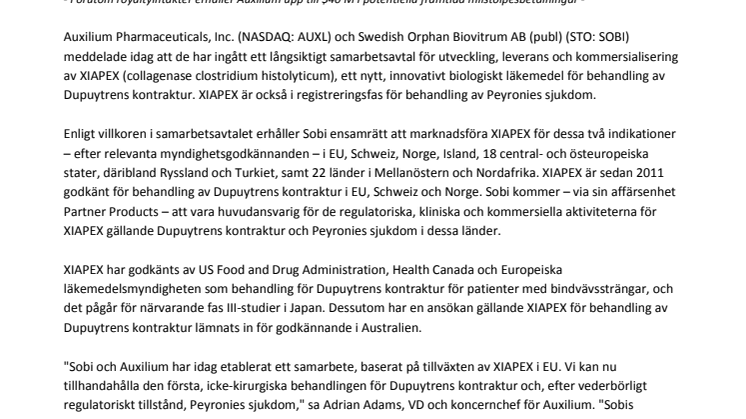 Auxilium Pharmaceuticals, Inc. och Swedish Orphan Biovitrum ab (publ) ingår samarbetsavtal gällande XIAPEX® i 71 europeiska, asiatiska och afrikanska länder