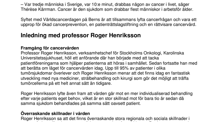 Sammanfattning av Världscancerdagen 4 februari 2010 på Berns