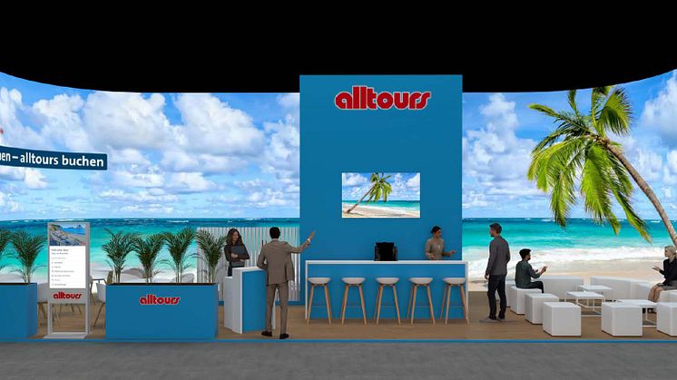 "Nicht träumen - alltours buchen" ist das Motto des alltours Messestandes 302 in Halle 25 auf der ITB Berlin 2024.