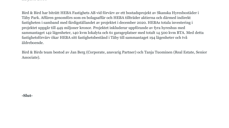 Bird & Bird biträder HEBA Fastighets AB vid förvärv av Skanska Hyresbostäder i Täby Park
