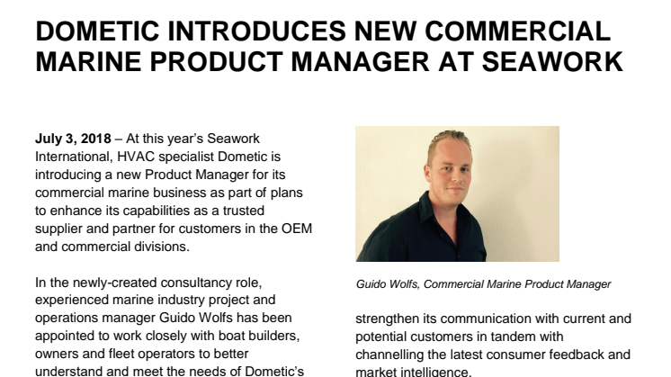 Dometic Introduces New Commercial Marine Product Manager at Seawork