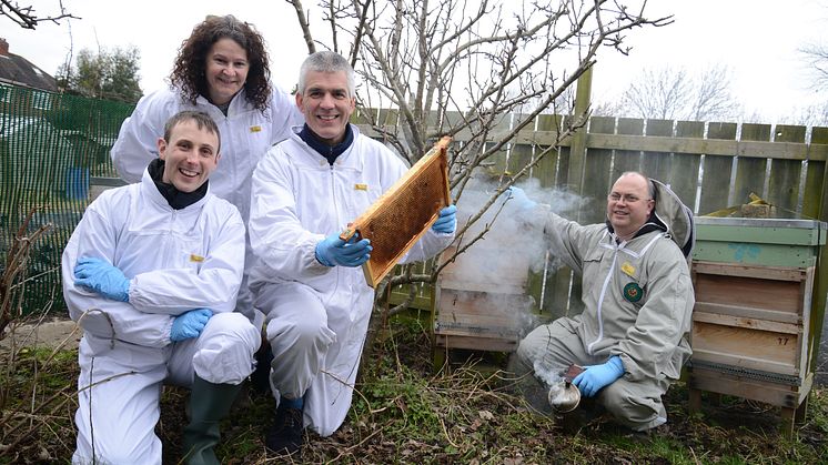 From l-r: Matthew Pound, Helen Hooper and Rinke Vinkenoog of Northumbria University, with urban beekeeper Ian Campbell