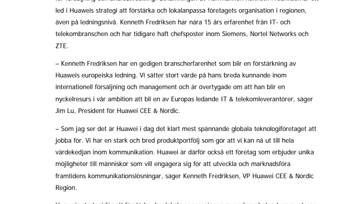 Huawei rekryterar Kenneth Fredriksen till företagsledningen i Europa
