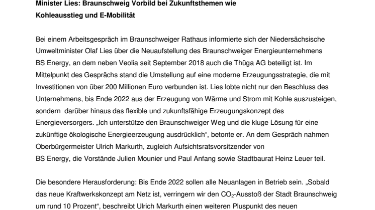Minister Lies: Braunschweig Vorbild bei Zukunftsthemen wie Kohleausstieg und E-Mobilität