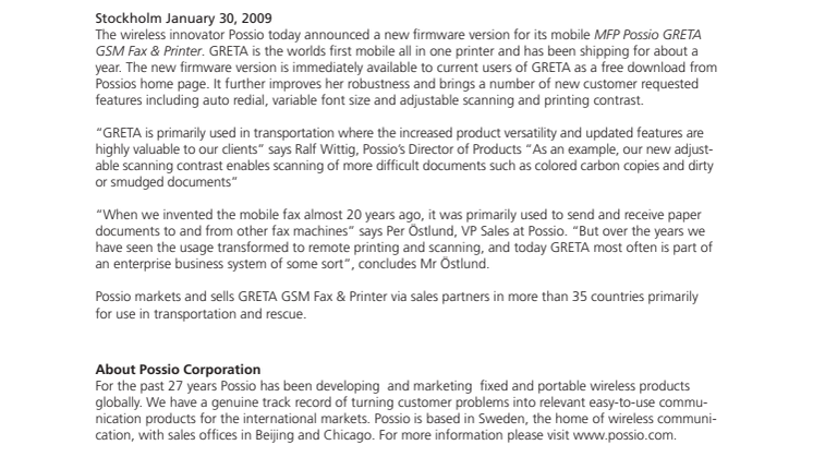 New version of Possio GRETA GSM Fax & Printer makes her even more valuable in the transport industry
