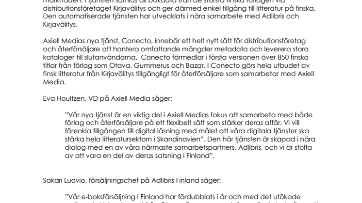 Axiell Media lanserar ny tjänst: Conecto aggregerar bokdata från finska förlag till Adlibris