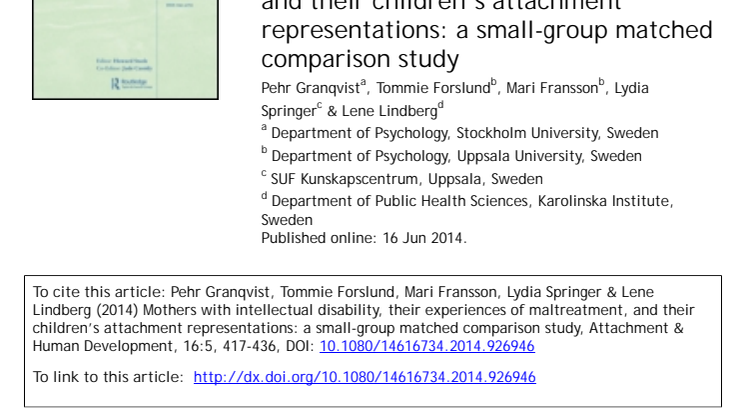Pehr Granqvist, Tommie Forslund, Mari Fransson, Lydia Springer & Lene Lindberg (2014) Mothers with intellectual disability, their experiences of maltreatment, and their children’s attachment representations