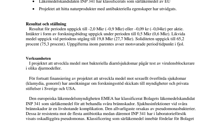 Delårsrapport Innate Juli-September 2008