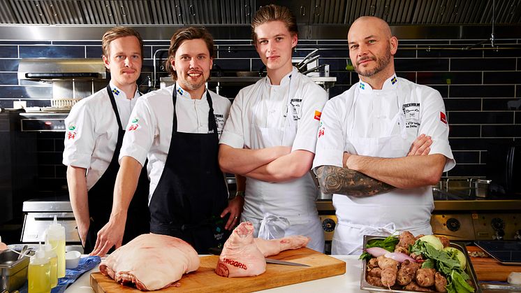 Team Tommy Myllymäki Bocuse d'Or Europe 2014 tillsammans med råvaran unggris