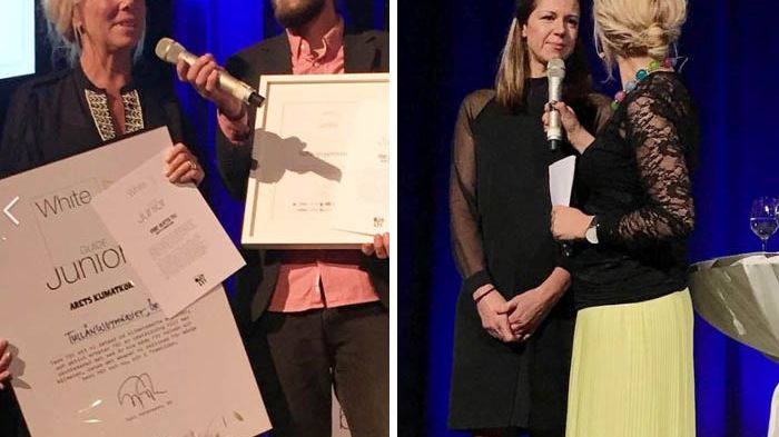 White Guides bilder från prisutdelningen. Från vänster: Lena Sjöqvist, kökschef vid Årets klimatkök Tullängsgymnasiet samt Årets måltidschef Madelene Lagerlöf