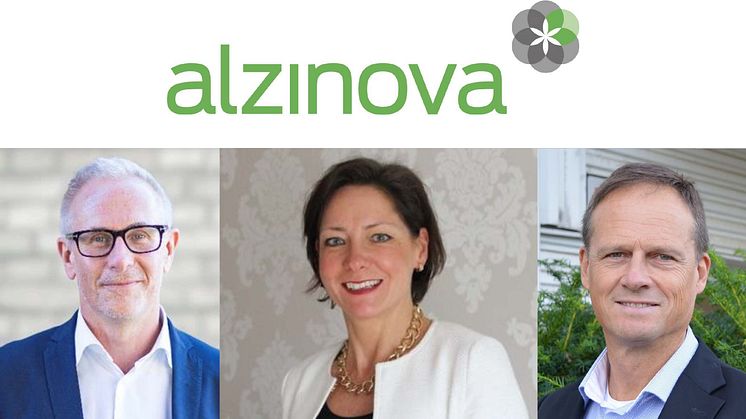 På fotot: Alzinovas styrelseordförande Björn Larsson, ny VD Kristina Torfgård, samt avgående VD Per Wester.