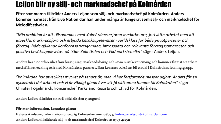 Leijon blir sälj- och marknadschef på Kolmården
