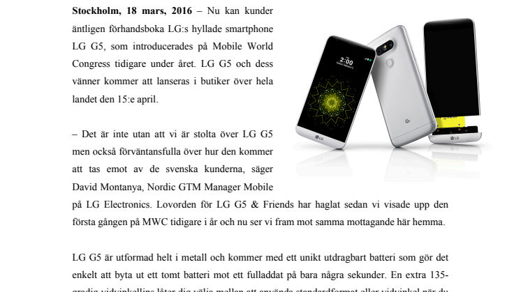NU KAN DU FÖRHANDSBOKA SMARTA LG G5 FÖR LEVERANS DEN 15 APRIL