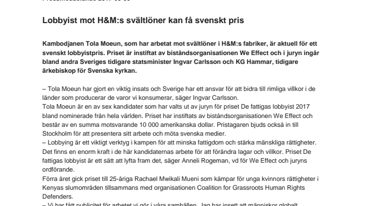 Lobbyist mot H&M:s svältlöner kan få svenskt pris