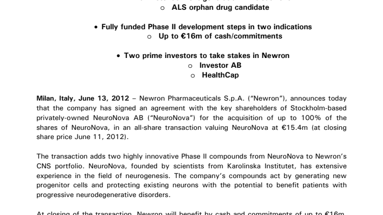 Newron to acquire Swedish neurogenesis company NeuroNova AB