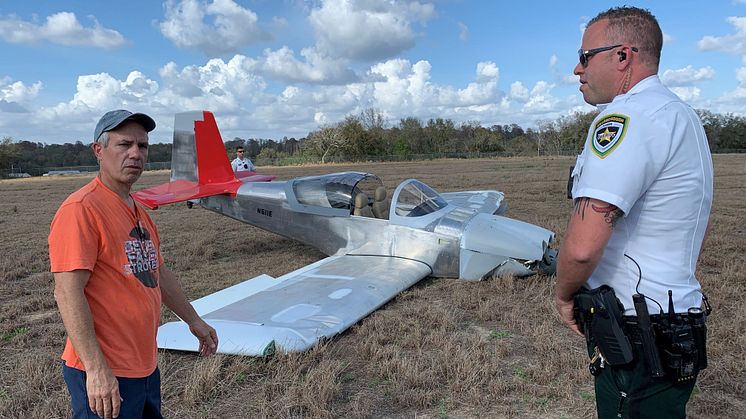 Pilot Daren Busciglio at the scene after his RV7 aeroplane crashed near Tampa Executive Airport