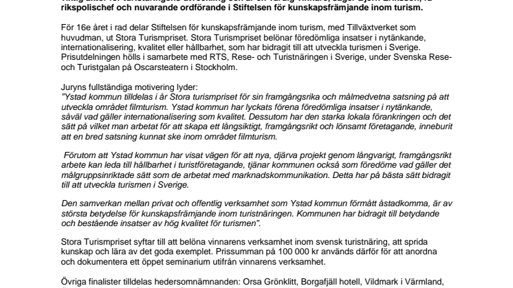 Ystad kommun tilldelas Stora Turismpriset 2009
