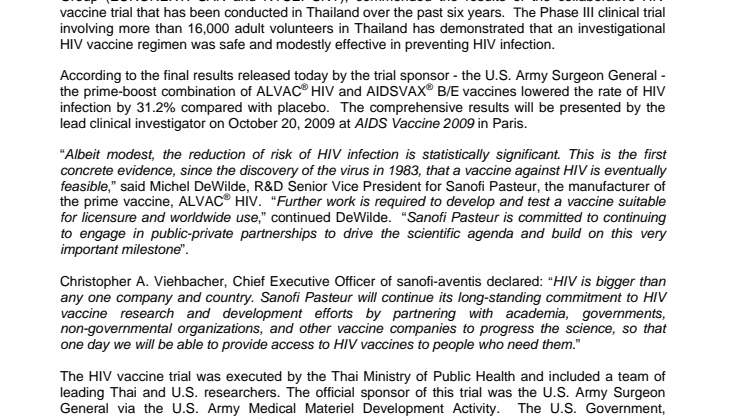 Sanofi Pasteur Commends Results  of First HIV Vaccine Study to Show  Some Effectiveness in Preventing HIV