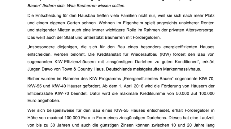 KfW-Förderung für den Hausbau: Das ändert sich ab 1. April 2016
