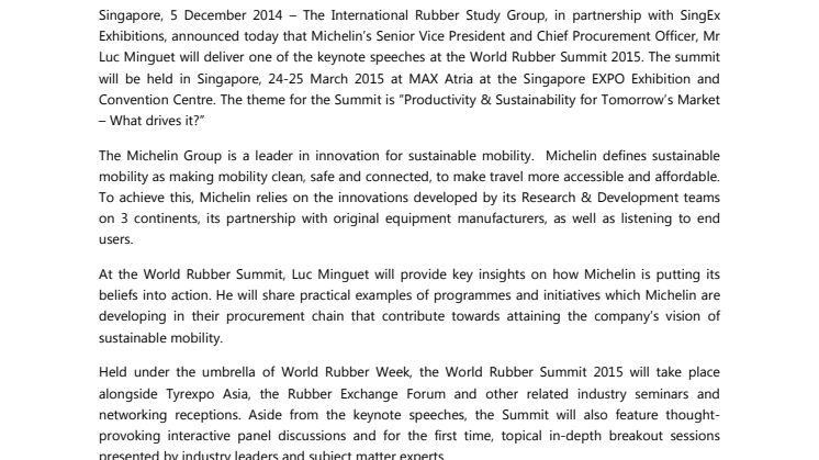Michelin’s Luc Minguet to Speak at World Rubber Summit 2015