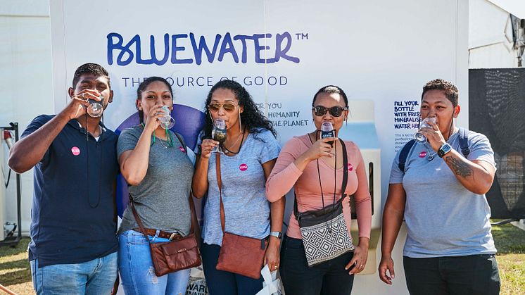 In water scarce Cape Town, local citizens enjoy fresh water delivered still or sparkling from a Bluewater hydration station that turns non-potable water into clean water.