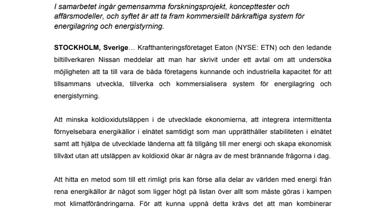 ​Eaton och Nissan har ingått samförståndsavtal om att utveckla system för lagring och styrning av energi