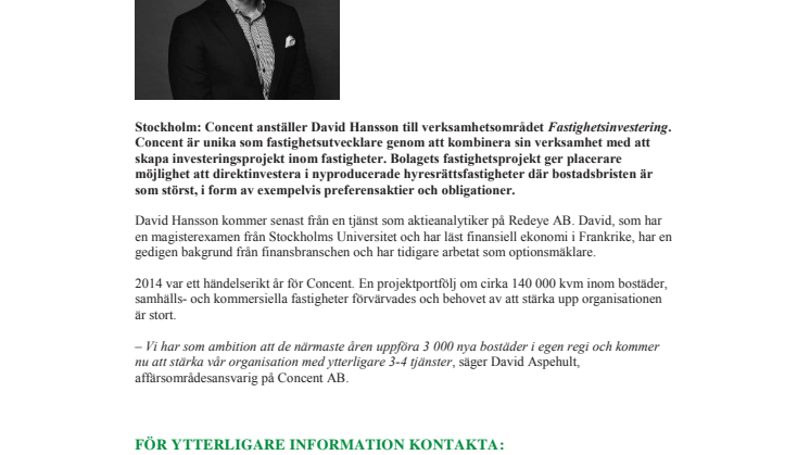 Concent nyanställer inom affärsområdet Fastighetsinvesteringar