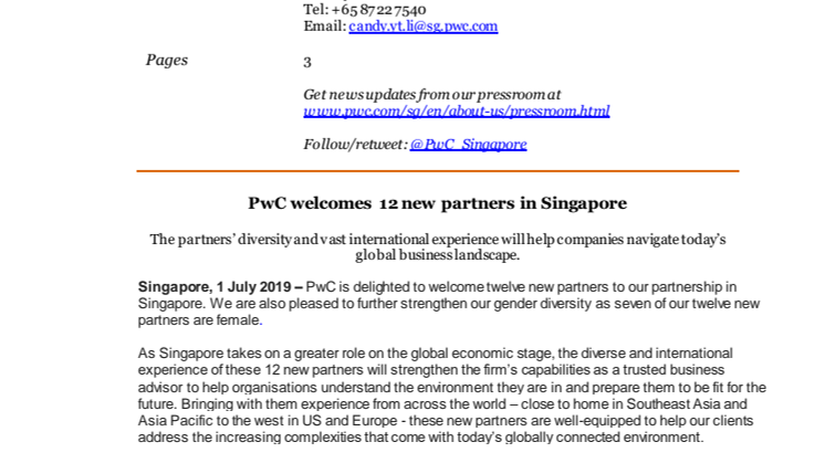 PwC welcomes 12 new partners in Singapore