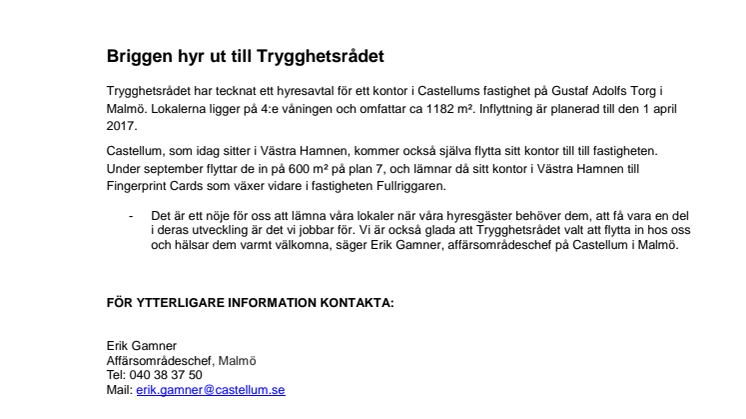 Castellum hyr ut till Trygghetsrådet och Fingerprint Cards