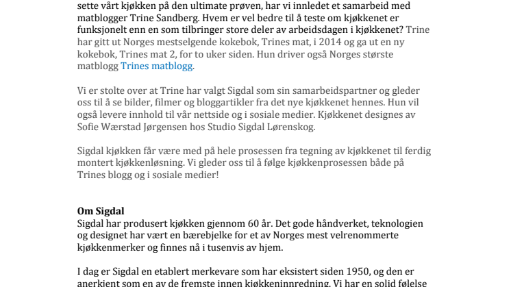 Sigdal kjøkken innleder samarbeid med matblogger Trine Sandberg