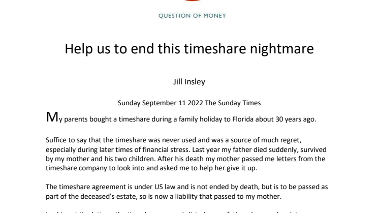 Sunday Times works with Timeshare Consumer Association to help Brit avoid inheriting US timeshare