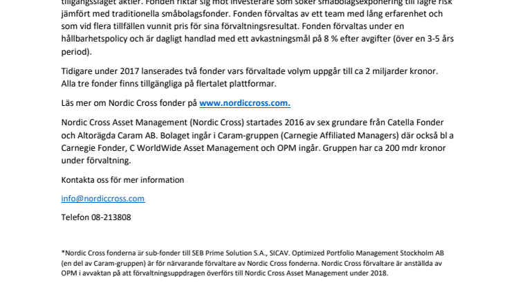 Nordic Cross lanserar ny fond, Nordic Cross Small Cap Edge