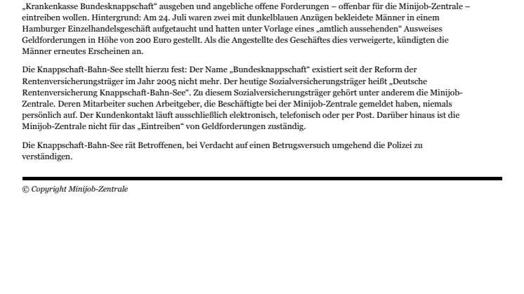 Deutsche Rentenversicherung (Minijob-Zentrale) warnt vor Trickbetrügern.