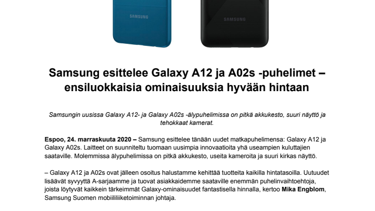 Samsung esittelee Galaxy A12 ja A02s -puhelimet – ensiluokkaisia ominaisuuksia hyvään hintaan 