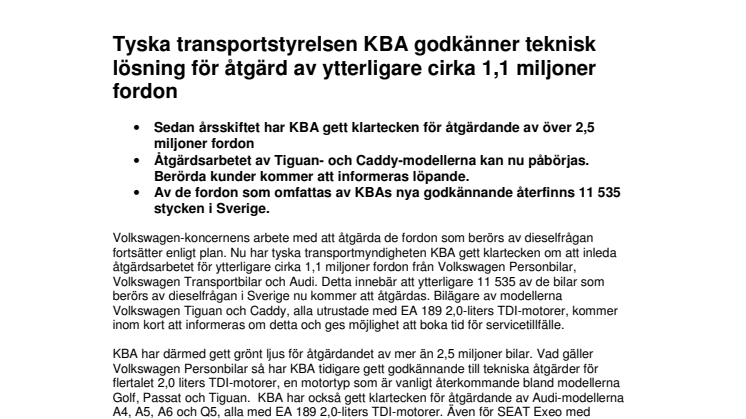 Tyska transportstyrelsen KBA godkänner teknisk lösning för åtgärd av ytterligare cirka 1,1 miljoner fordon