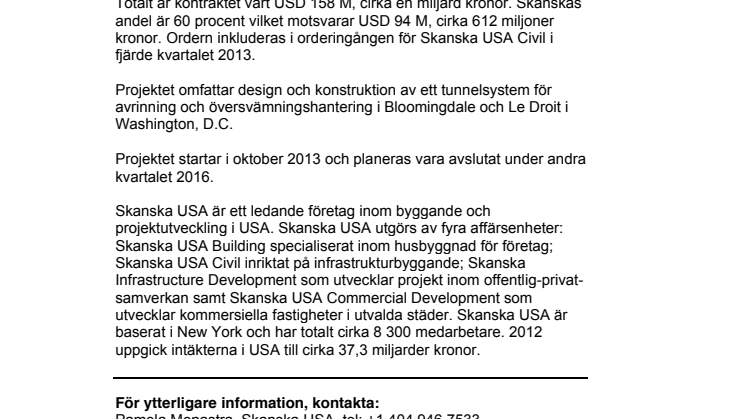 Skanska skriver kontrakt om design och byggnation av en tunnel i Washington, D.C., USA, värt cirka 612 miljoner kronor