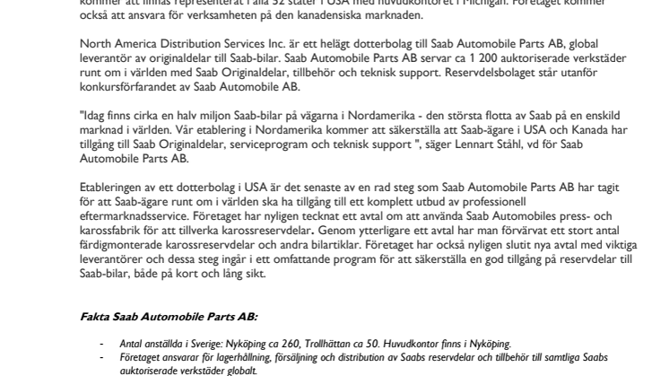 Saab Automobile Parts AB etablerar dotterbolag i USA