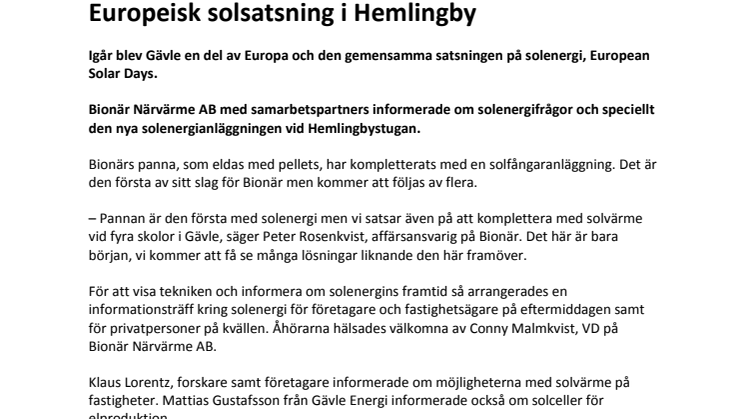Europeisk solsatsning i Hemlingby