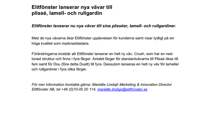 Elitfönster lanserar nya vävar till plissé, lamell- och rullgardin