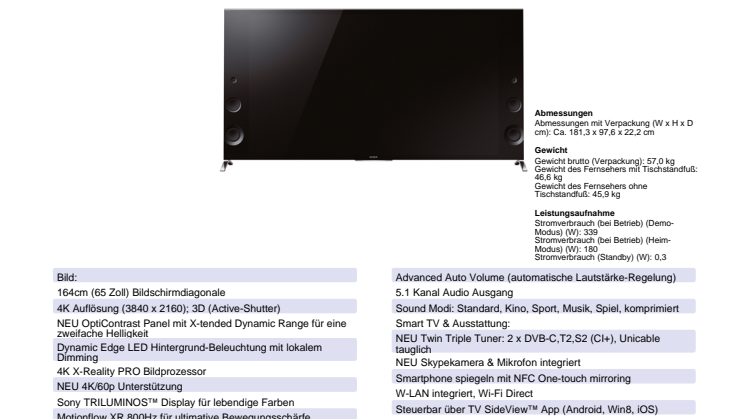 Datenblatt BRAVIA KD-65X9005B von Sony